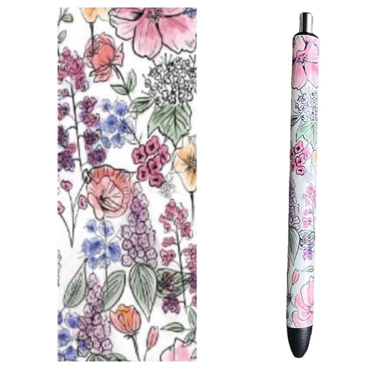Photo of pen and vinyl wrap with colored flowers. 