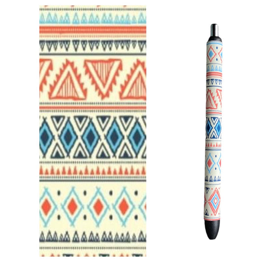 Photo of pen and vinyl design with colorful shapes in a pattern design. 