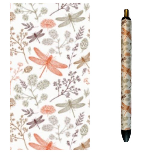 image of pen with white background and greige and orange dragonflies and wildflowers