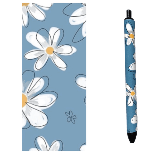 Photo of pen and wrap with blue background and white daisy doodle designs.