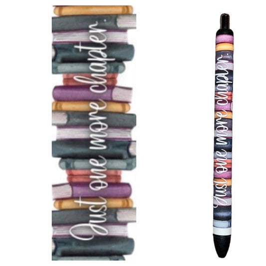 photo of pen and wrap. SHows multiple different colored books stacked with "just one more chapter." written in front.
