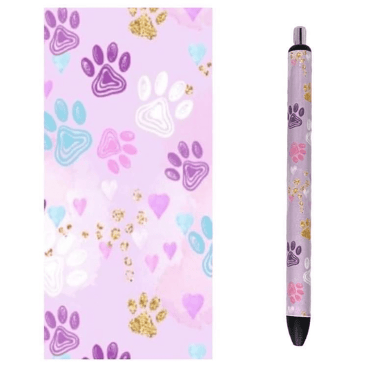 Photo of pen and design wrap with purple background and colorful dog paws