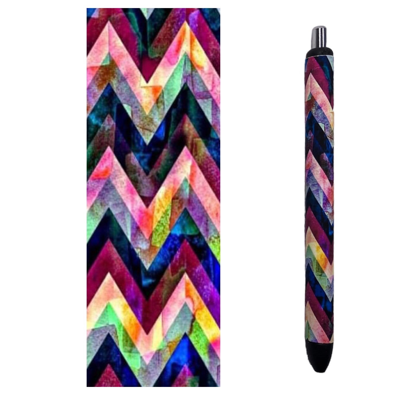 Photo of pen and design wrap with colorful Chevron design