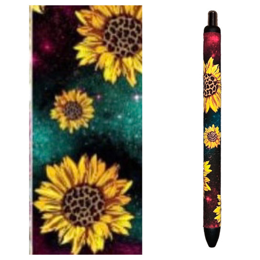 Image of pen and wrap with various shades of green, black witb sunflowers scattered throughout